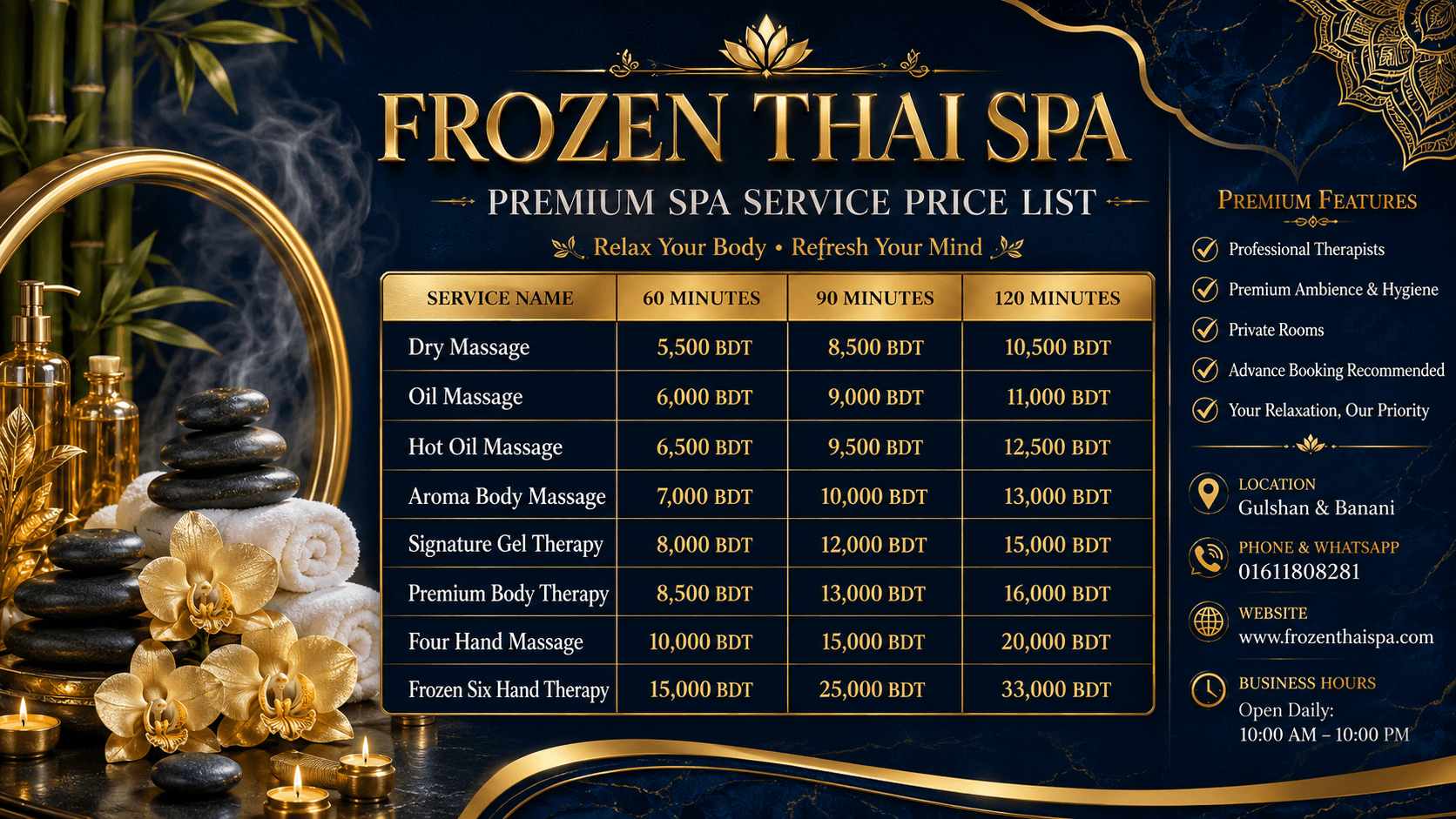 Frozen Thai Spa Dhaka pricing chart